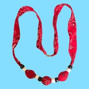 Vintage RED BANDANA Necklace • Choker • Beads • BOHO • Biker • Hippie • Groovy